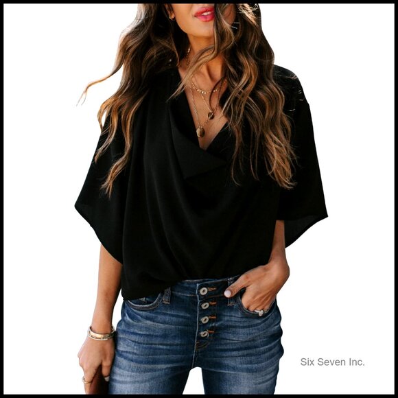 Polyester Spandex 3/4 Sleeve V Neck Wrap Draped Blouse